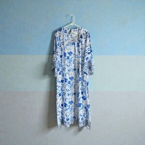 Toscano White Blue Long Duster Kimono